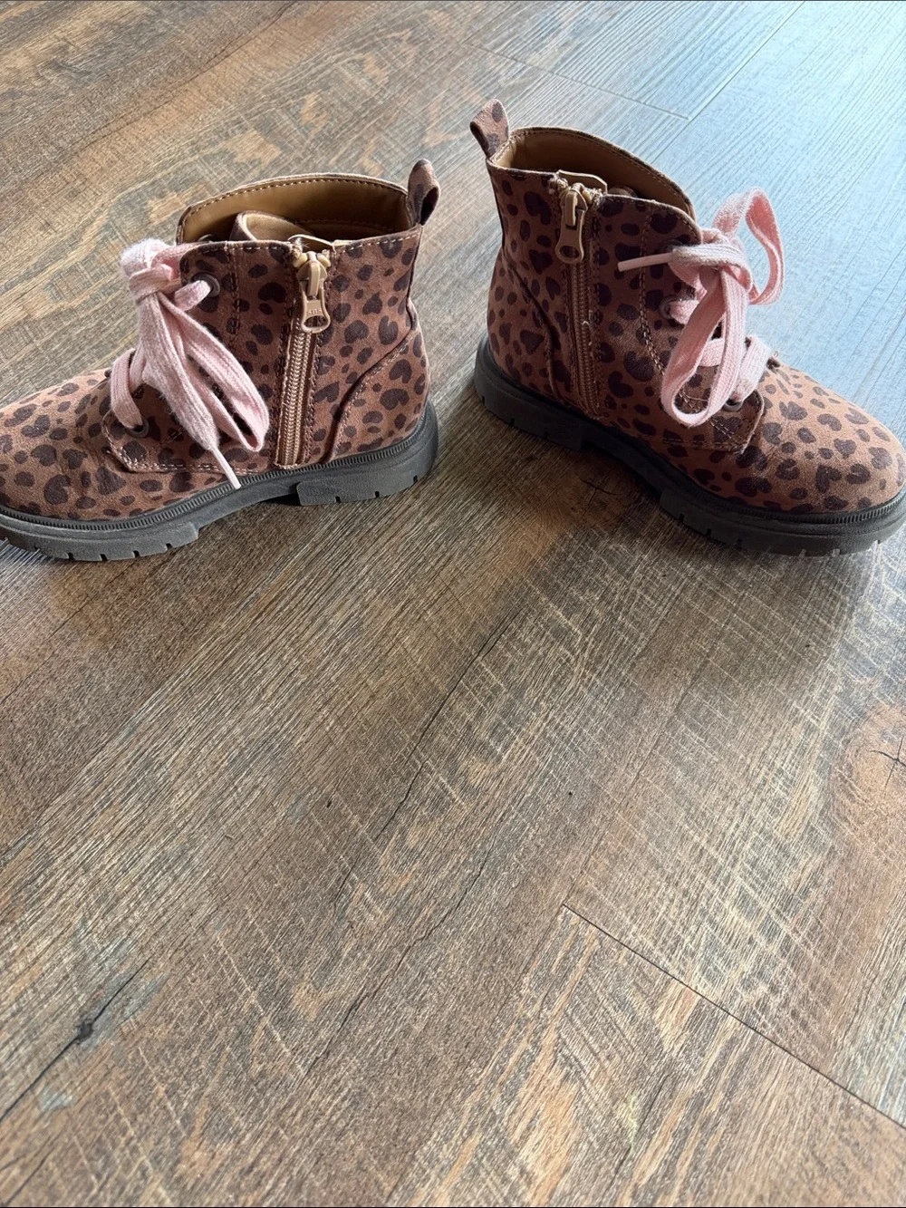 Cat & Jack Brown Leopard Ankle Boots with Pink Laces